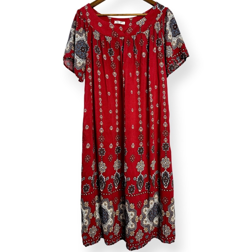 Ekouaer Womens Muu Muu House Dress Maroon Boho Floral Mandala Print Pockets Lg - Picture 3 of 11